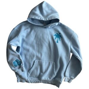 Light Blue Pink Palm Puff Hoodie with Tropical Design Size Medium GUC